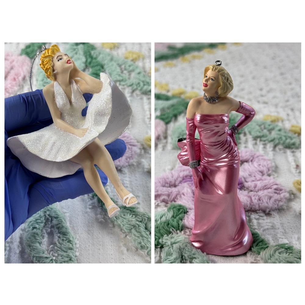 Marilyn Monroe Christmas Ornament Set White Glitter & Pink Satin Gown Figurines